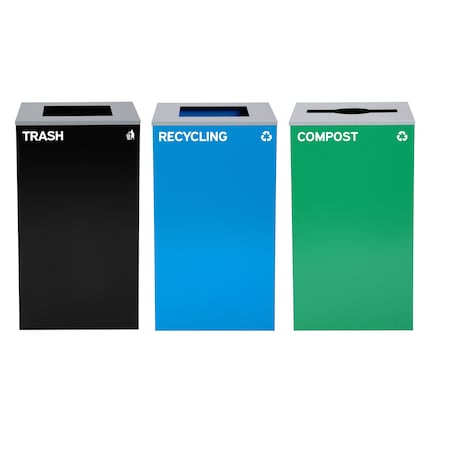 Alpine Industries 87 Gal. 3-Stream Steel Blue Recycling, Green Compost, and Black Commercial Trash Can Station ALP4450-BLK-KIT23